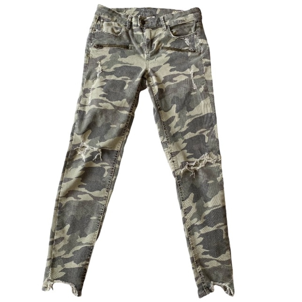 ZARA Camo Skinny Jeans Distressed Cropped Zipper Camouflage